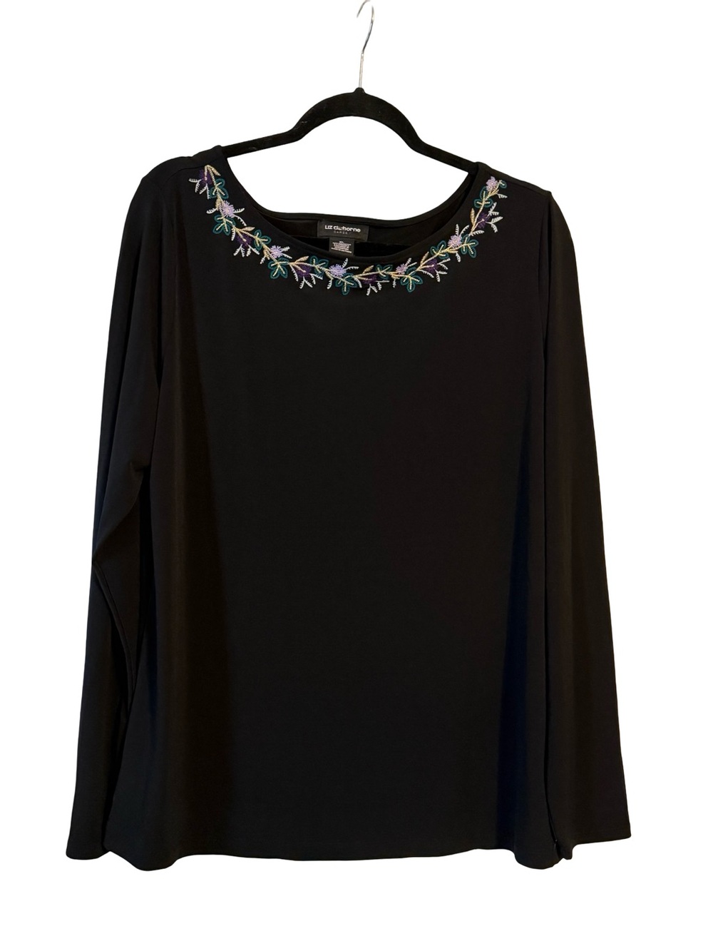 Liz Claiborne Black Long-Sleeve Scoop Neck Top with Floral Embroidery